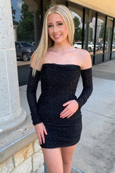 Black Homecoming Dress Strapless Tight Short Prom Dress with Long Sleeves